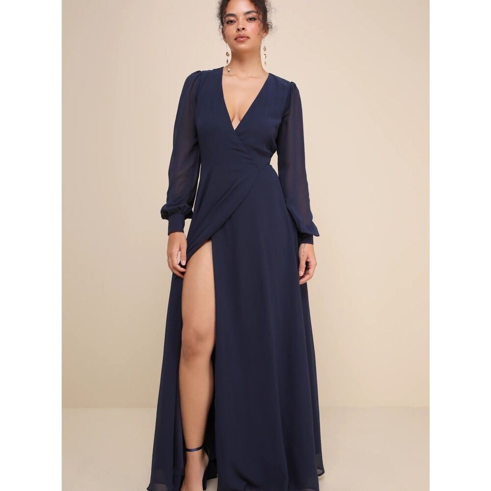Lulus My Whole Heart Dark Navy Blue Long Sleeve Wrap Dress Size Small